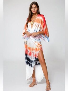 Young Fabulous & Broke Tie-Dye Maxi Dress with Deep V and Side Slit Sz Small